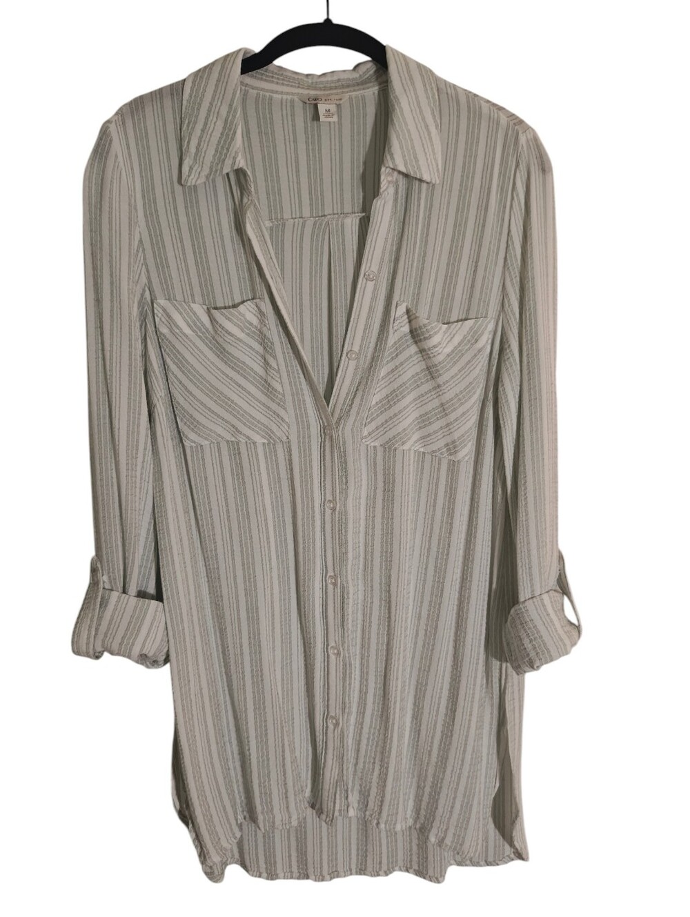 Cato Textured Striped Light Green Button Up Blouse with Pockets Size Medium